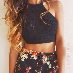 Black crochet crop halter top